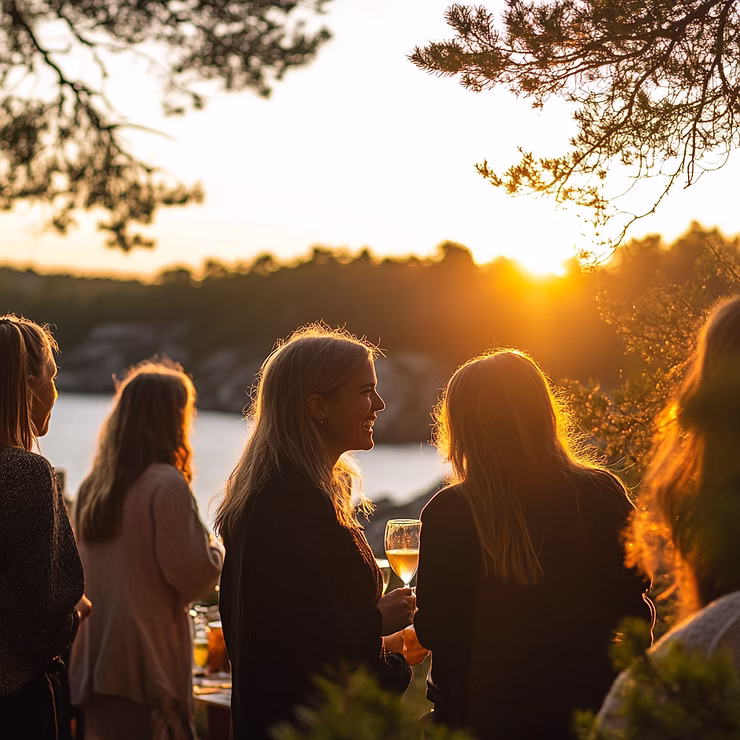 Sällskap med vinglas i motljus vid vattnet i solnedgången