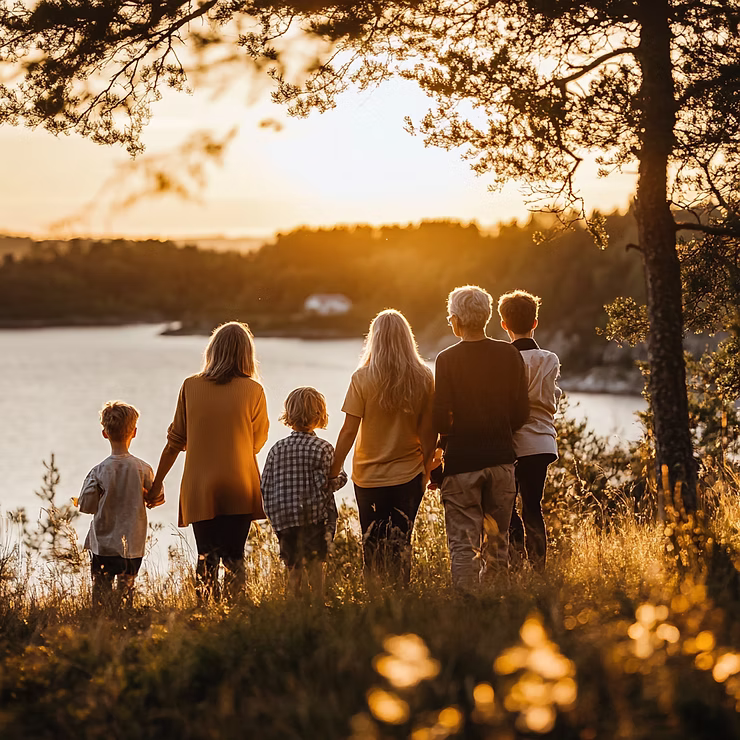 Familj i flera generationer som blickar ut över sjön i solnedgången