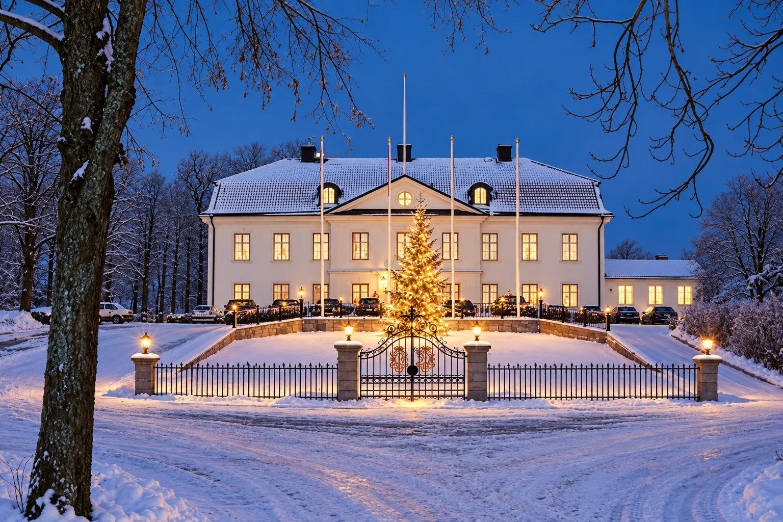 Ulvhäll Herrgårds fasad upplyst i vintermörker med snötäckt tak, belyst julgran vid grinden och varmgula fönster. Ulvhäll Herrgård, Strängnäs.